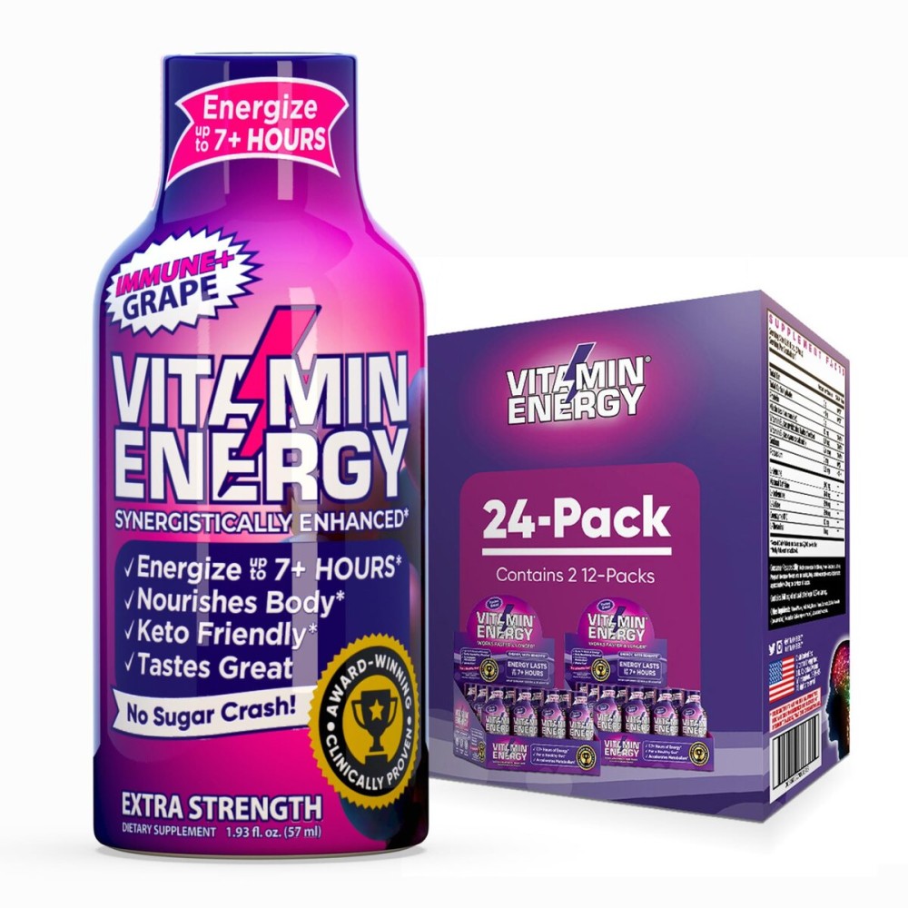 Vitamin Energy Immune+ Extra Strength Energy Shot Grape 24 Pack, 260mg Natural Caffeine, B-Vitamins, Citicoline, Green Tea, Immunity & Focus Support, Zero Sugar, Gluten-Free 1.93 fl oz