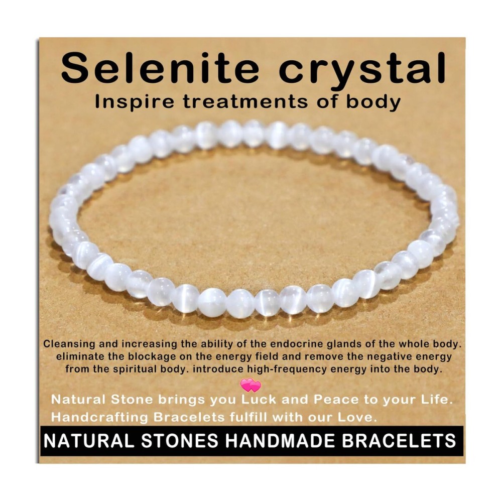 AD Beads Handmade Gemstone Stretch Elastic Bracelet Crystal Healing Reiki Nature\'s Beauty and Spiritual Essence Unisex (4mm, Selenite Crystal (Inspire treatments))