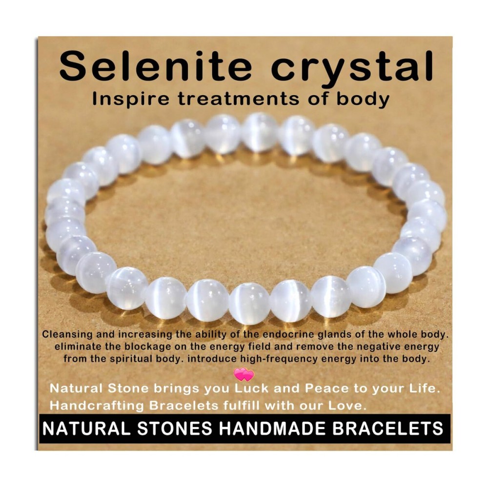 AD Beads Handmade Gemstone Stretch Elastic Bracelet Crystal Healing Reiki Nature\'s Beauty and Spiritual Essence Unisex (6mm, Selenite Crystal (Inspire treatments))