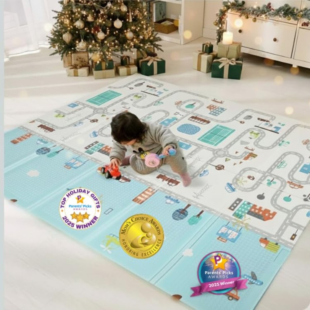 Bammax Extra Large 78 x 70 x 0.4 XPE Foam Baby Play Mat with Travel Bag | Waterproof, Foldable & Reversible Padded Playmat | Baby Crawling & Kids Play Mat - Giftable Design, Cars & Fire Engine.