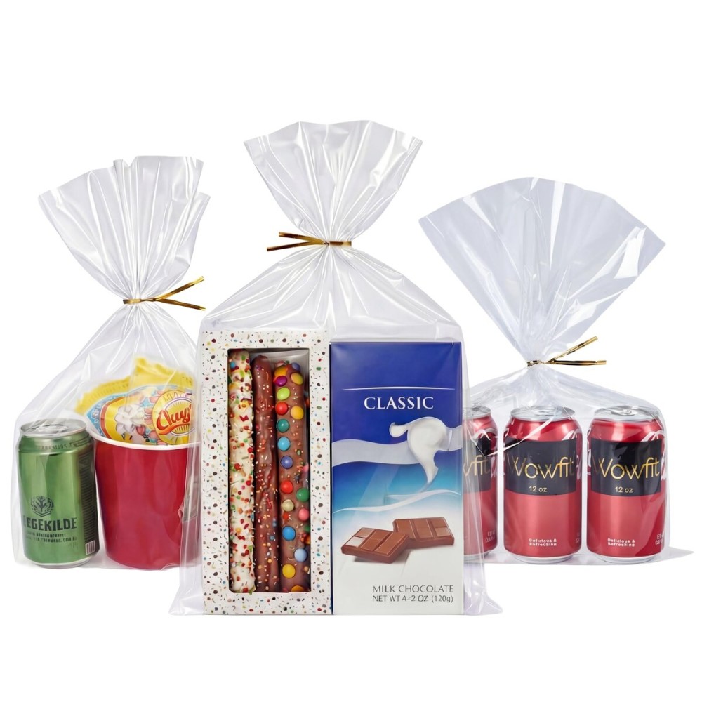 Wowfit 50 CT 10x16 Inches Clear Flat Cellophane Treat Bags with 6 Gold Twist Ties - Large Cello Bags for Gifts, Cookies, Treats, Wrapping, Party Favors & Bakery Packaging - Sturdy & Easy to Use