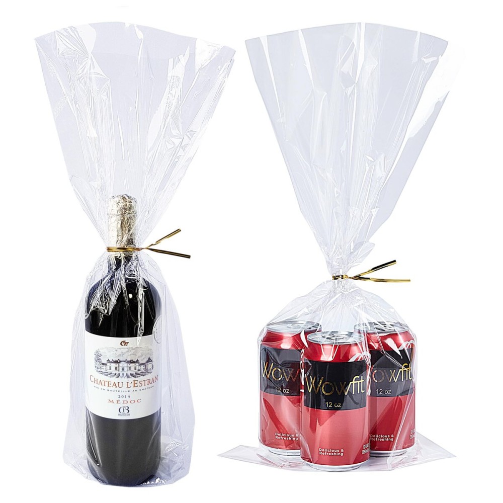 Wowfit 50 CT 9x20 Inches Clear Flat Cellophane Treat Bags with 6 Gold Twist Ties - Large Cello Bags for Wine Bottles, Gifts, Cookies, Mugs, Candies, Party Favors & Wrapping - Sturdy & Crystal Clear