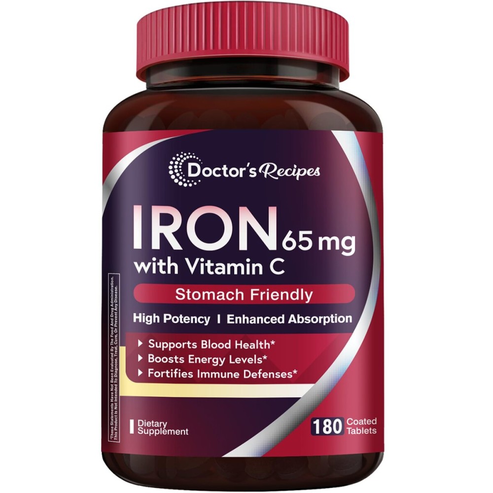 Doctor\'s Recipes Iron Supplement 65 mg with Vitamin C - Maximized Absorption & Stomach Friendly Iron Pills for Red Blood Cells Formation, Heart, Brain & Immunity Health - Vegan Non-GMO 180 Iron Tabs