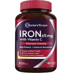 Doctor\'s Recipes Iron Supplement 65 mg with Vitamin C - Maximized Absorption & Stomach Friendly Iron Pills for Red Blood Cells Formation, Heart, Brain & Immunity Health - Vegan Non-GMO 180 Iron Tabs