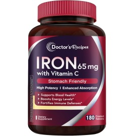 Doctor\'s Recipes Iron Supplement 65 mg with Vitamin C - Maximized Absorption & Stomach Friendly Iron Pills for Red Blood Cells Formation, Heart, Brain & Immunity Health - Vegan Non-GMO 180 Iron Tabs