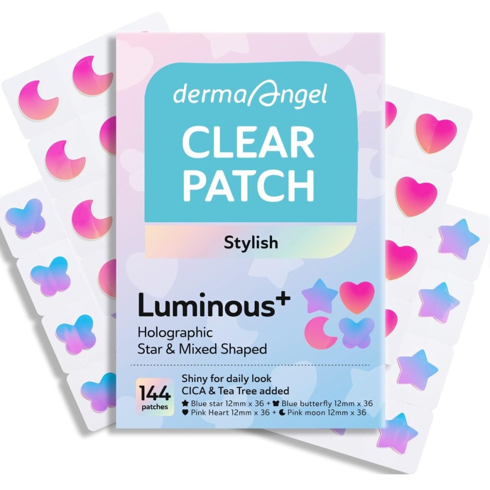 Star Pimple Patches for Face, Cute Acne Patches with Salicylic Acid, CICA & Tea Tree Oil, 144 Holographic Star Moon Heart Butterfly Patches, 7X Absorbency Pimple Patches for Teens (4 Designs, 36 Each)