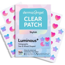 Star Pimple Patches for Face, Cute Acne Patches with Salicylic Acid, CICA & Tea Tree Oil, 144 Holographic Star Moon Heart Butterfly Patches, 7X Absorbency Pimple Patches for Teens (4 Designs, 36 Each)