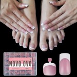 NOVO OVO Thick Sculpted Toe Nail Tips Long Tapered Square Press on, Wide Soak off Soft Gel False Toenail Extension, Clear Pre-applied Tip Primer & Base Coat, Full Cover Acrylic DIY 15 Sizes 360 pcs