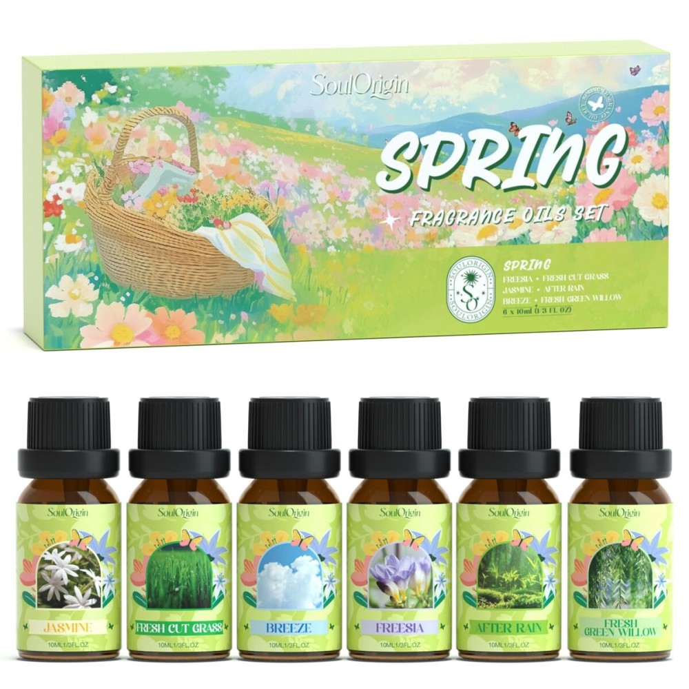 Soulorigin Spring Fragrance Oils Set, Essential Oil Gift Set for Diffuser, Spring Scent Diffuser Oil, Diffuser Scents Oil for Home,Freesia,Breeze,Fresh Green Willow,Fresh Cut Grass,Jasmine, After Rain