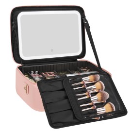 Relavel Makeup Bag with LED Mirror, 16.2 inches Large Professional Makeup Case for Makeup Artists, Travel Portable Cosmetic Organizer Storage Box, Vanity Case with 3 Colors Lighted Mirror, Pink