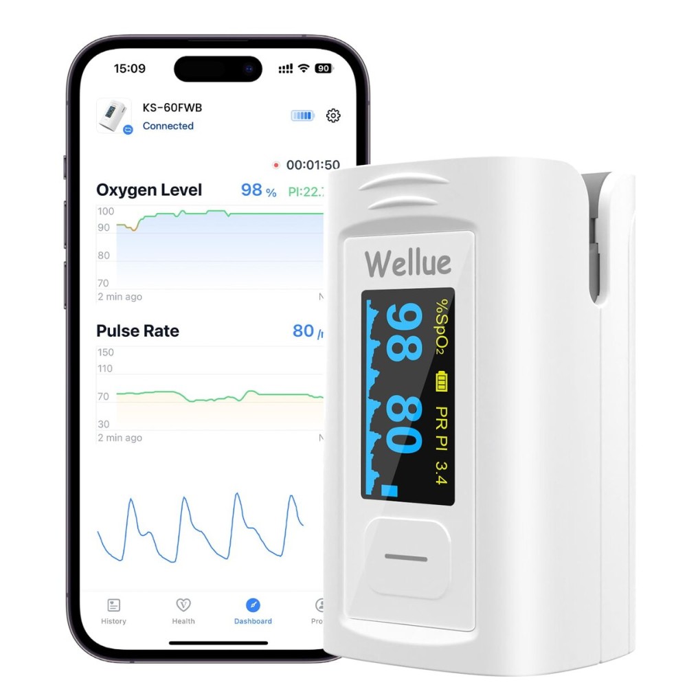 Wellue Bluetooth Pulse Oximeter Fingertip, Blood Oxygen Saturation Monitor with Built-in Memory, OLED Screen, Batteries, Free APP, Carry Bag & Lanyard