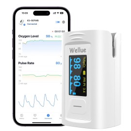 Wellue Bluetooth Pulse Oximeter Fingertip, Blood Oxygen Saturation Monitor with Built-in Memory, OLED Screen, Batteries, Free APP, Carry Bag & Lanyard