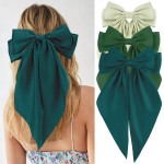 Velscrun Green Grass Green Dark Green Hair Bows for Women Girls, Silky Satin Large Coquette Bow, Oversized Hair Ribbons 3Pcs Big Bows Clip Long Tail Bowknot Hair Accessories