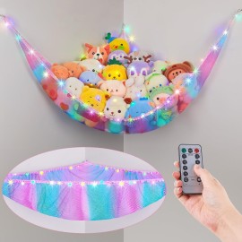 Basumee Stuffed Animals Net or Hammock with LED Light Hanging Toy Net Hammock for Stuffed Animals Storage Stuff Animals Hammocks for Nursery Kids Room with Remote Control, 8 Kinds of Lights(Pack of 1)