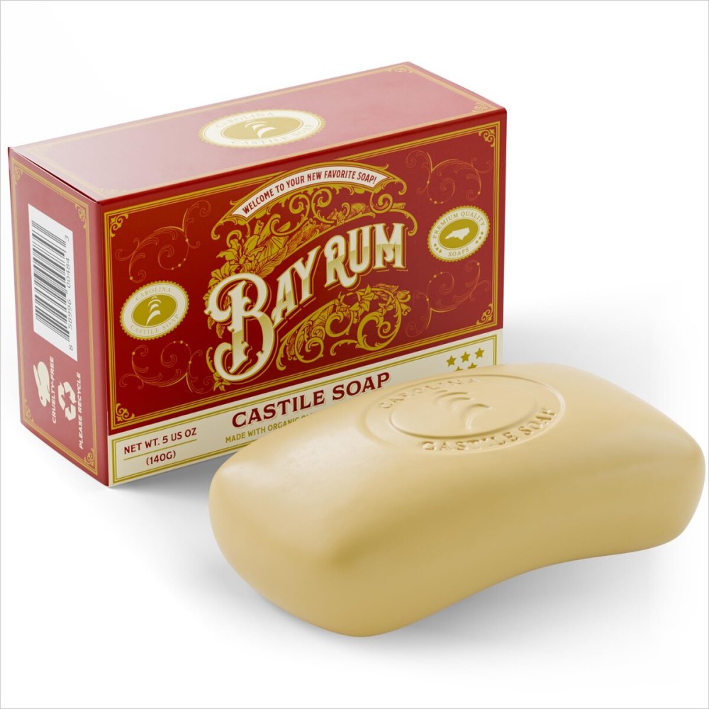 Carolina Castile Soap Vegan Bay Rum Castile Bar Soap - 6 Bars of Natural Soap for Men, Women, and Kids - Gentle, Hydrating Castile Soap Bars with Organic Cocoa Butter and Olive Oil, 5 Oz. Each