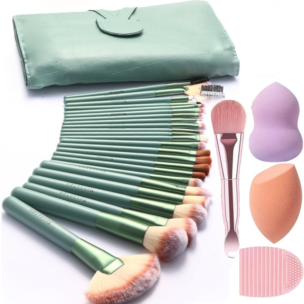 Make Up Brush Sets for Women, NEVSETPO 28PCS Synthetic Makeup Kits Include 24 Makeup Brushes,2 Beauty Blenders, 1 Dual End Masks Spatula, 1 Brush Set Cleaning Mat, Travel-Friendly Makeup Case, Green