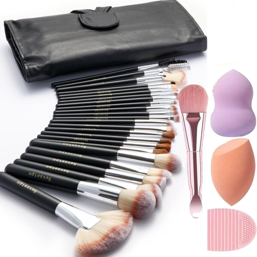 Makeup Brushes for Women, 28PCS Full Makeup Kits Include 24 Makeup Brushes, 2 Large Beauty Blenders, 1 Face Mask Spatula, 1 Brush Cleaning Egg, Makeup Brush Set with Travel-Friendly Case, Black