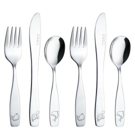 Exzact Children Flatware 6pcs, Stainless Steel Kids Silverware Toddler, Dishwasher Safe, BPA Free, 24M+, Engraved Ocean Creatures Dolphin, Turtle, Whale