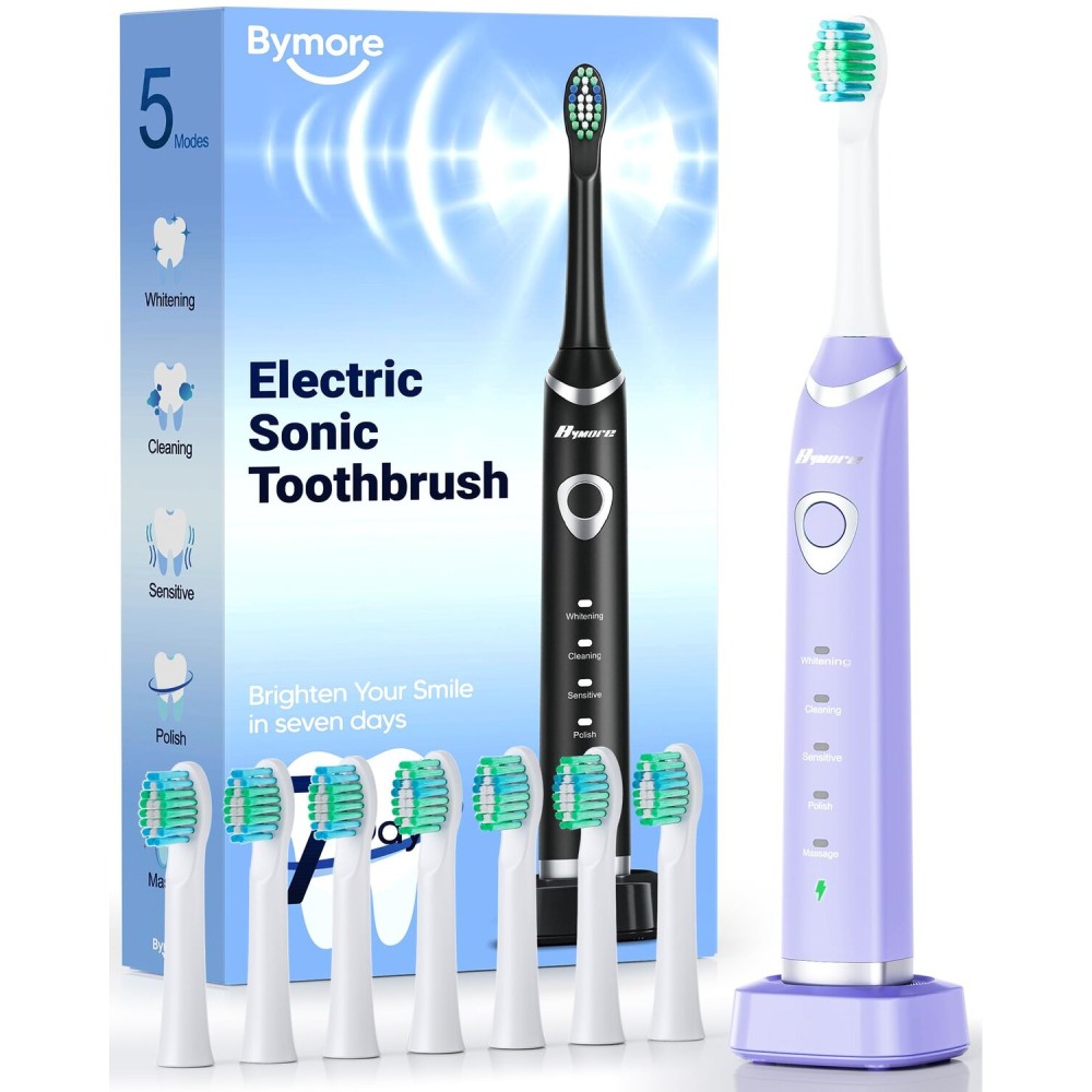 Bymore Electric Toothbrush for Adults,Travel Sonic Toothbrush with 8 Replacement Heads, Ultra Clean RechargeableToothbrush Portable One Charge for 330days 5 Modes 2mins Timer-Purple