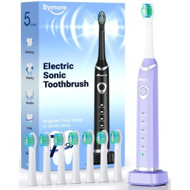 Bymore Electric Toothbrush for Adults,Travel Sonic Toothbrush with 8 Replacement Heads, Ultra Clean RechargeableToothbrush Portable One Charge for 330days 5 Modes 2mins Timer-Purple