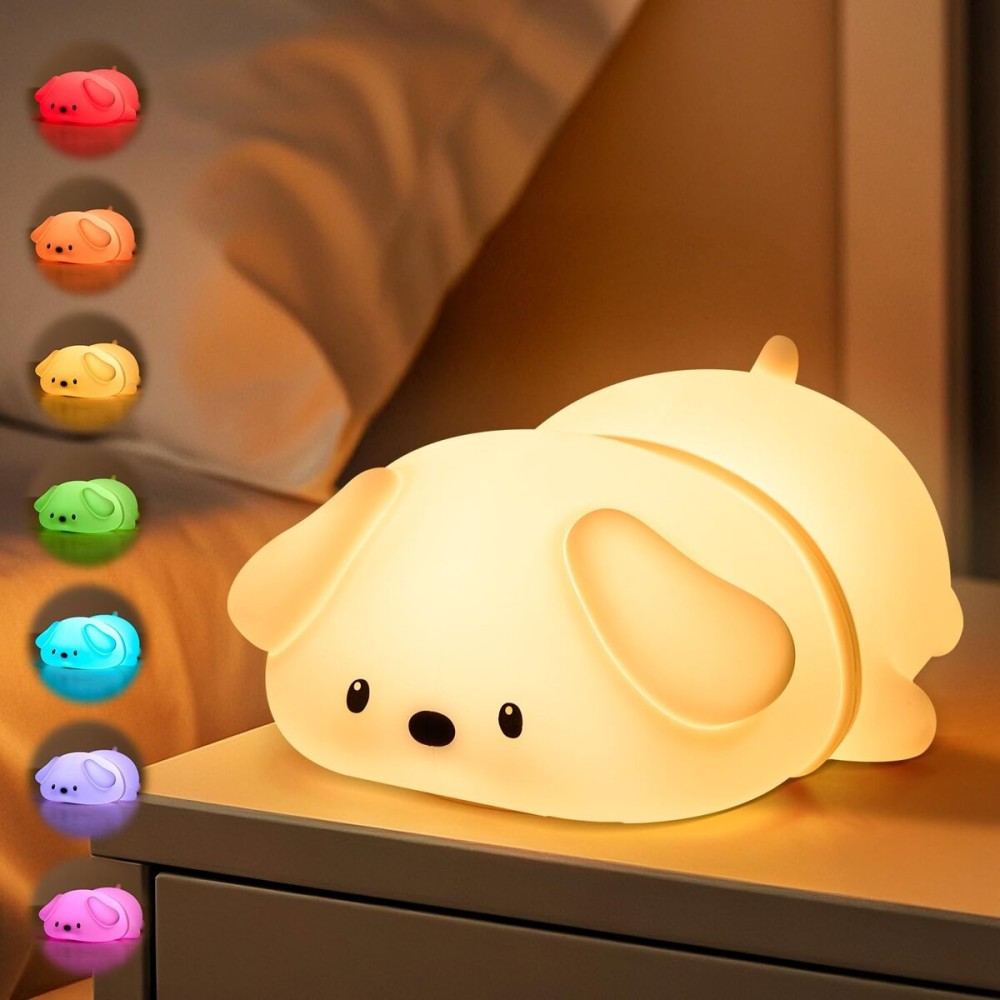 One Fire Squishy Silicone Dog Night Light for Kids-16-Color Gradient Breathing Lamp with 25Hr Battery, Tap Control & Portable Design for Nursery/Bedroom/Travel