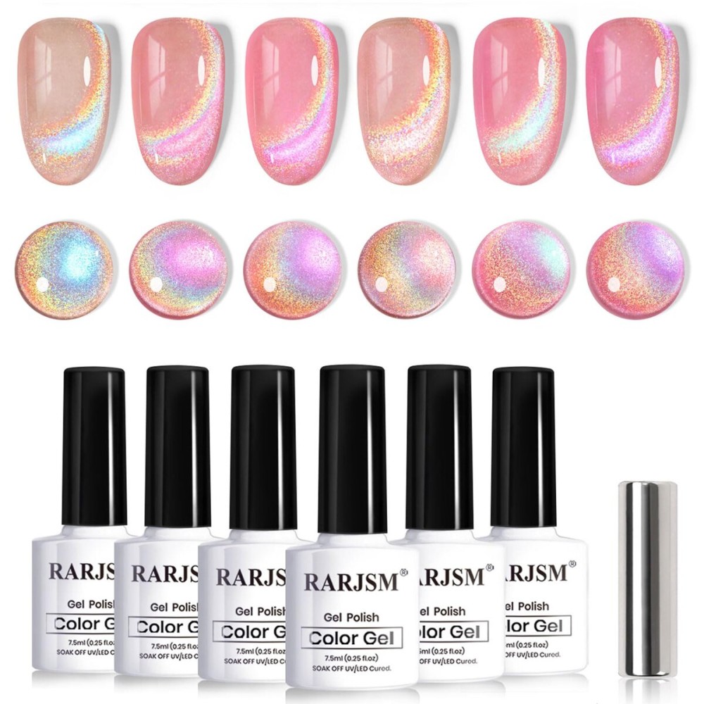 RARJSM Nude Pink Holographic Rainbow Glitter Cat Eye Gel Nail Polish Set 6Pcs Blue Rose Pink Purple Green Orange Galaxy Aurora Cateye Glitter with Magnetic Stick UV LED Curing Require Home Salon