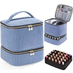 Corduroy Nail Polish Organizer and Nail Lamp Case, Nail Kit Organizer Holds 30 Bottles (15ml - 0.5 fl.oz) and a Nail Lamp, Nail Polish Carrying Case with Manicure Tools Storage Sections (Blue)