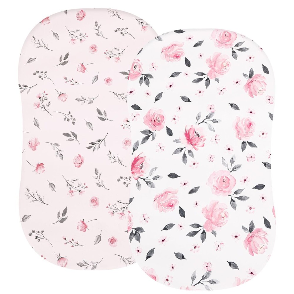 PHF Soft Bassinet Sheet Set, 2 Pack Silky Comfy Breathable Cradle Sheets for Baby Girls, Univeral Fit for Most Oval Rectangle Cradle and Bassinet Mattress/Pad, Pink Floral