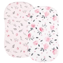 PHF Soft Bassinet Sheet Set, 2 Pack Silky Comfy Breathable Cradle Sheets for Baby Girls, Univeral Fit for Most Oval Rectangle Cradle and Bassinet Mattress/Pad, Pink Floral