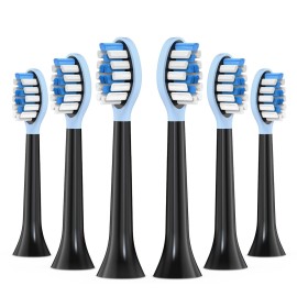 Replacement Toothbrush Heads for Philips Sonicare Electric Toothbrush, 2-in-1 Tongue Cleaner, 6 Pack, Ice Blue, Black, Suitable for Philips Sonicare Heads, C2, C1, C3, W1, W2, W3, G1, G2, G3