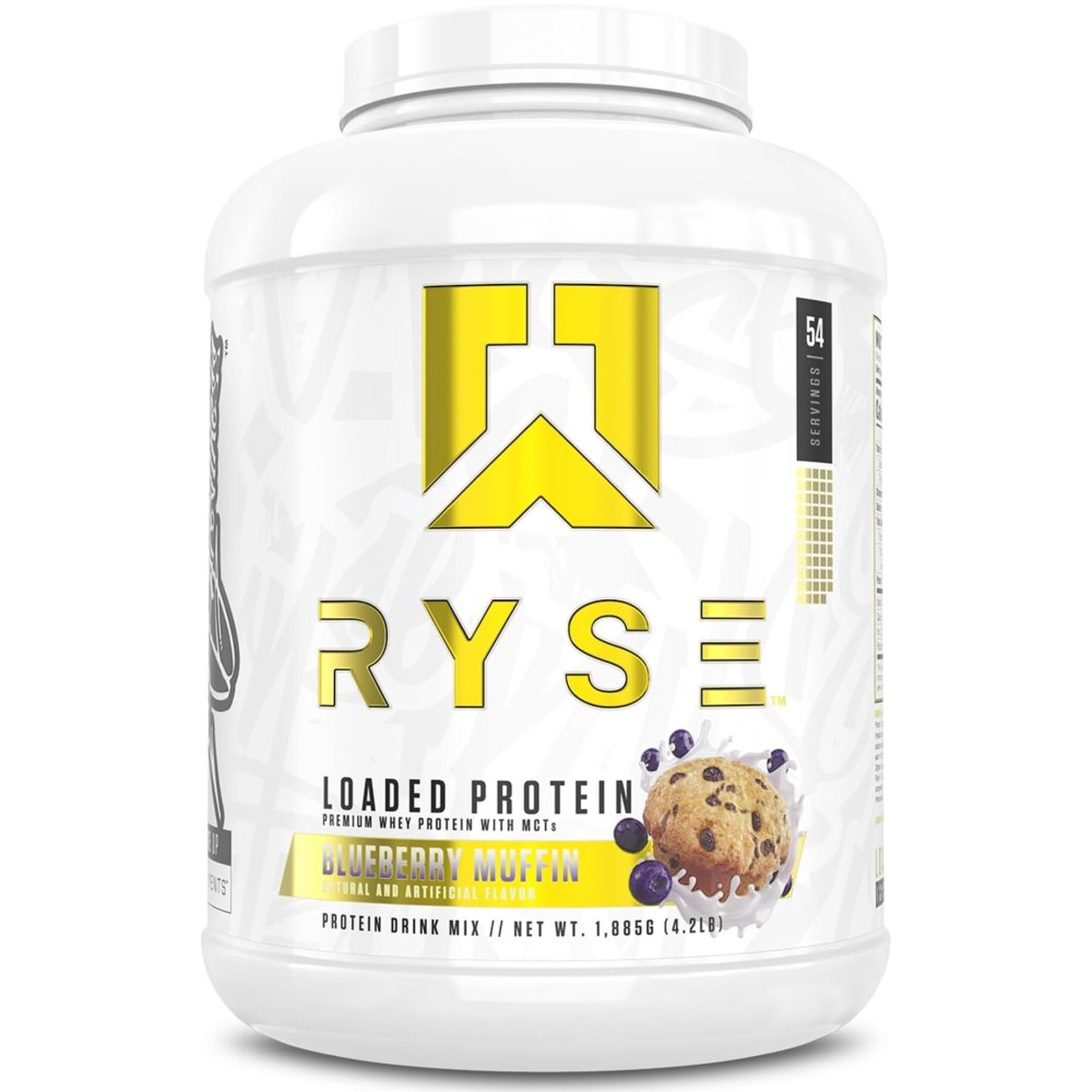 RYSE Loaded Protein Powder - Blueberry Muffin - 25g Whey Protein Isolate & Concentrate with Prebiotic Fiber & MCTs - Low Carb, Low Sugar, Digestive-Friendly - 54 Servings / 4 lb Tub