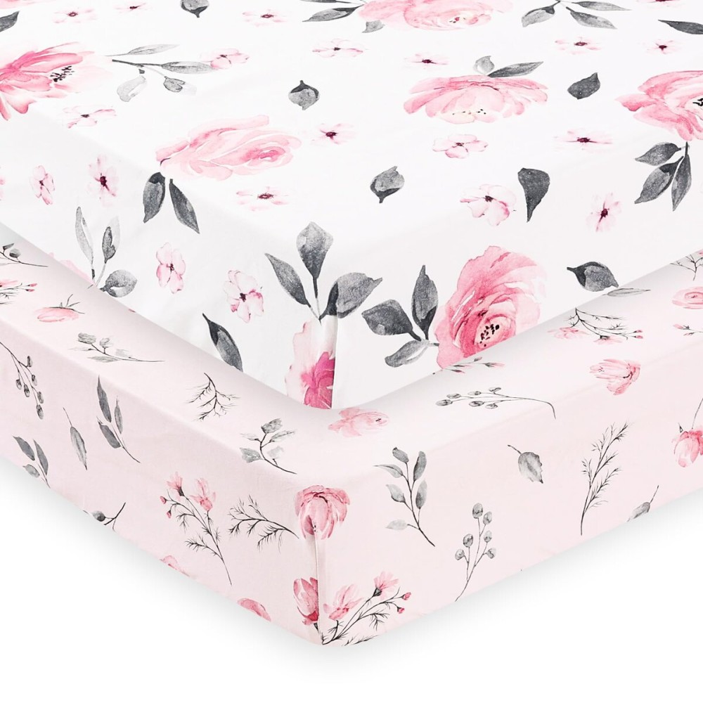 PHF Soft Crib Sheet Fitted, 2 Pack Baby Sheets for Girls, 28x52x9in Fits Standard Crib and Toddler Mattresses, Silky Comfy Breathable Polyester Baby Mattress Sheets, Pink Floral