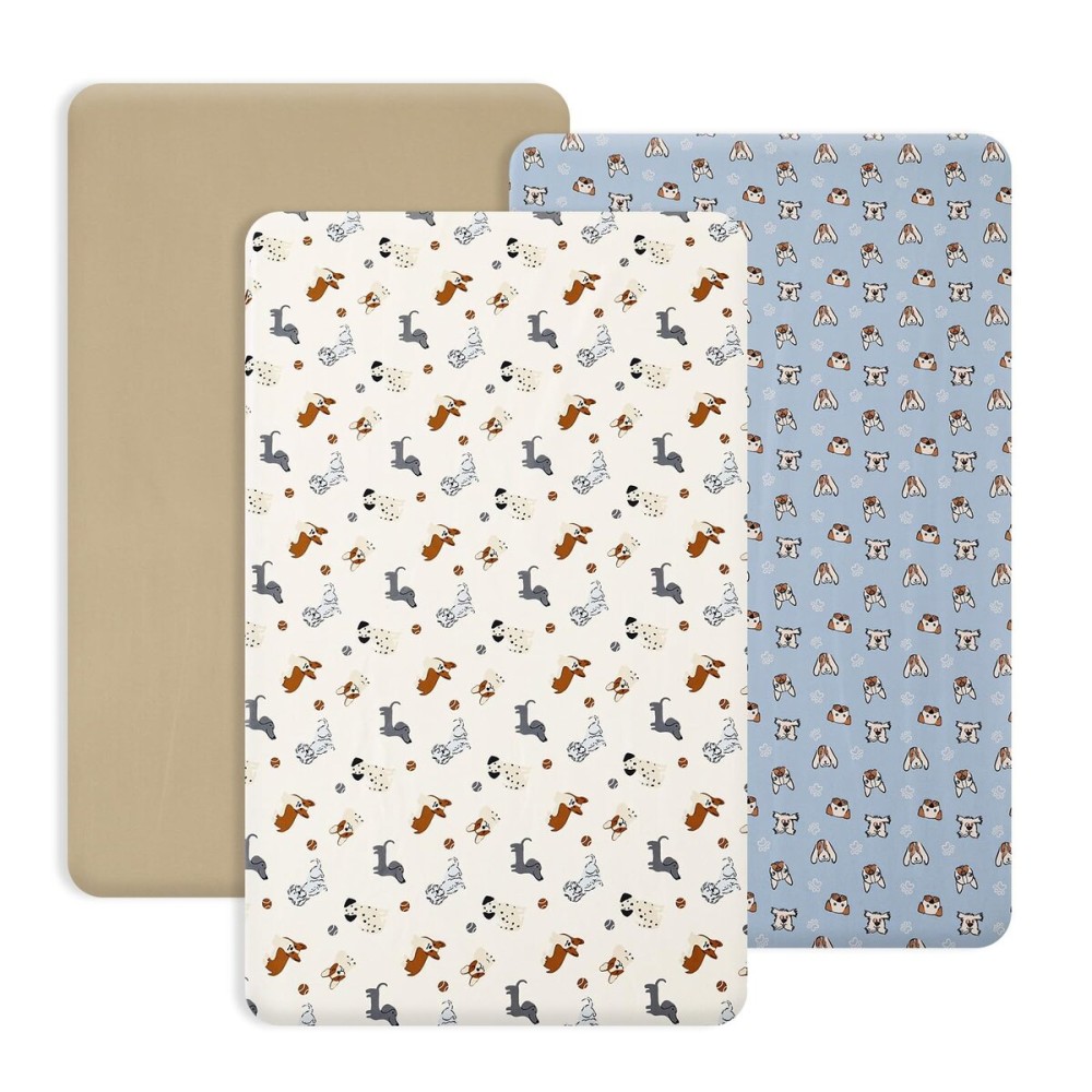 PHF 3 Pack Soft Mini Crib Sheets, Pet Dogs Pack N Play Sheets for Baby Boys Girls, No Slip Universal Fit for Pack N Play, Playard, Portable and Mini Crib Mattresses, Pet Dogs