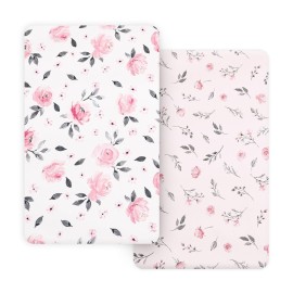 PHF Soft Mini Crib Sheet Set, 2 Pack Silky Comfy Pack N Play Sheets for Girls, Universal Fit for Pack N Play, Playard and Mini Crib Mattresses, Pink Floral