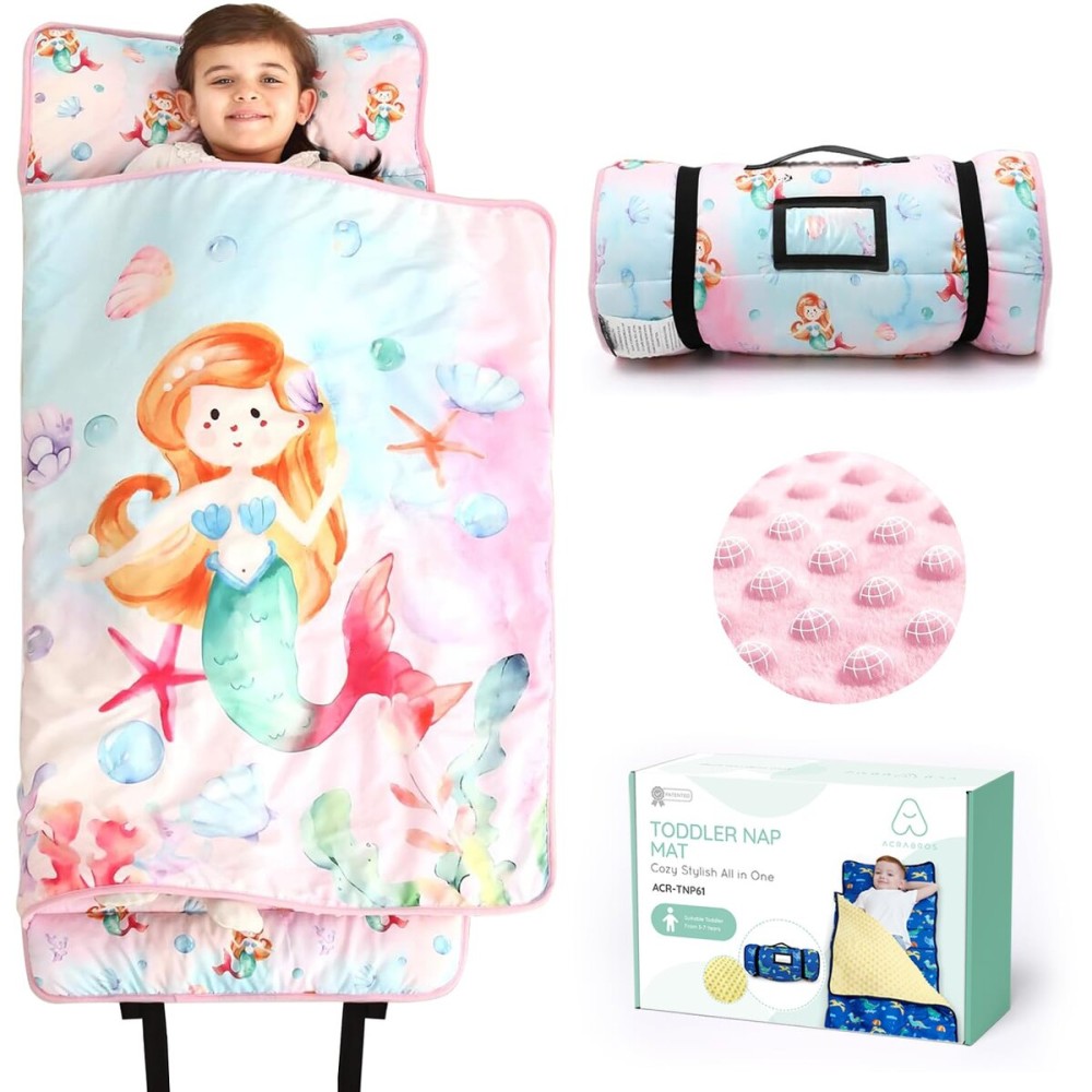 ACRABROS Toddler Nap Mat with Pillow and Blanket, Extra Large Rolled Napping Mats,Slumber Bags for Boys Girls,Kids Sleeping Bag for Daycare, Preschool Travel Camping, Shell Mermaid