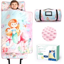 ACRABROS Toddler Nap Mat with Pillow and Blanket, Extra Large Rolled Napping Mats,Slumber Bags for Boys Girls,Kids Sleeping Bag for Daycare, Preschool Travel Camping, Shell Mermaid