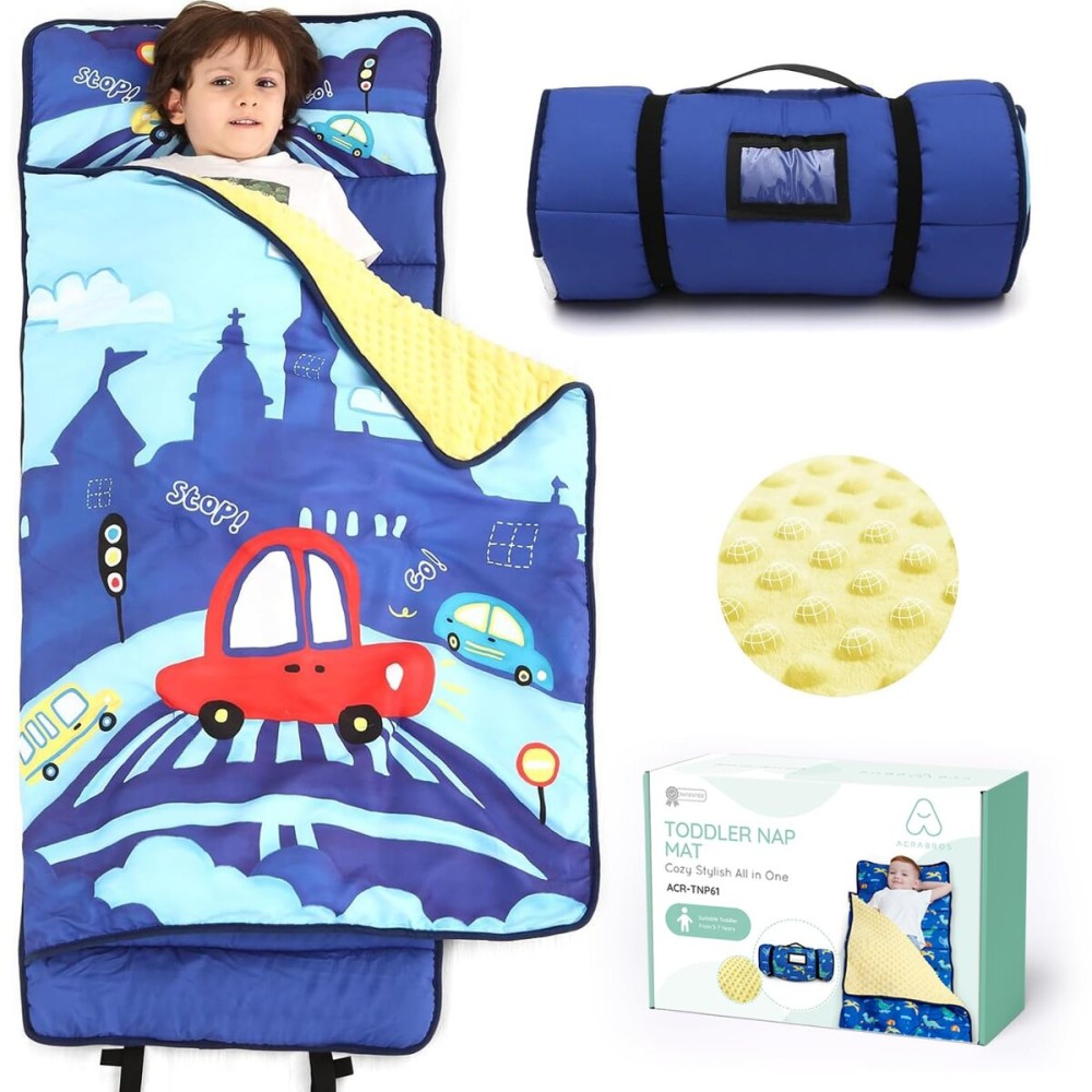 ACRABROS Toddler Nap Mat with Pillow and Blanket, Extra Large Rolled Napping Mats,Slumber Bags for Boys Girls,Kids Sleeping Bag for Daycare, Preschool Travel Camping, Crosswalk Car
