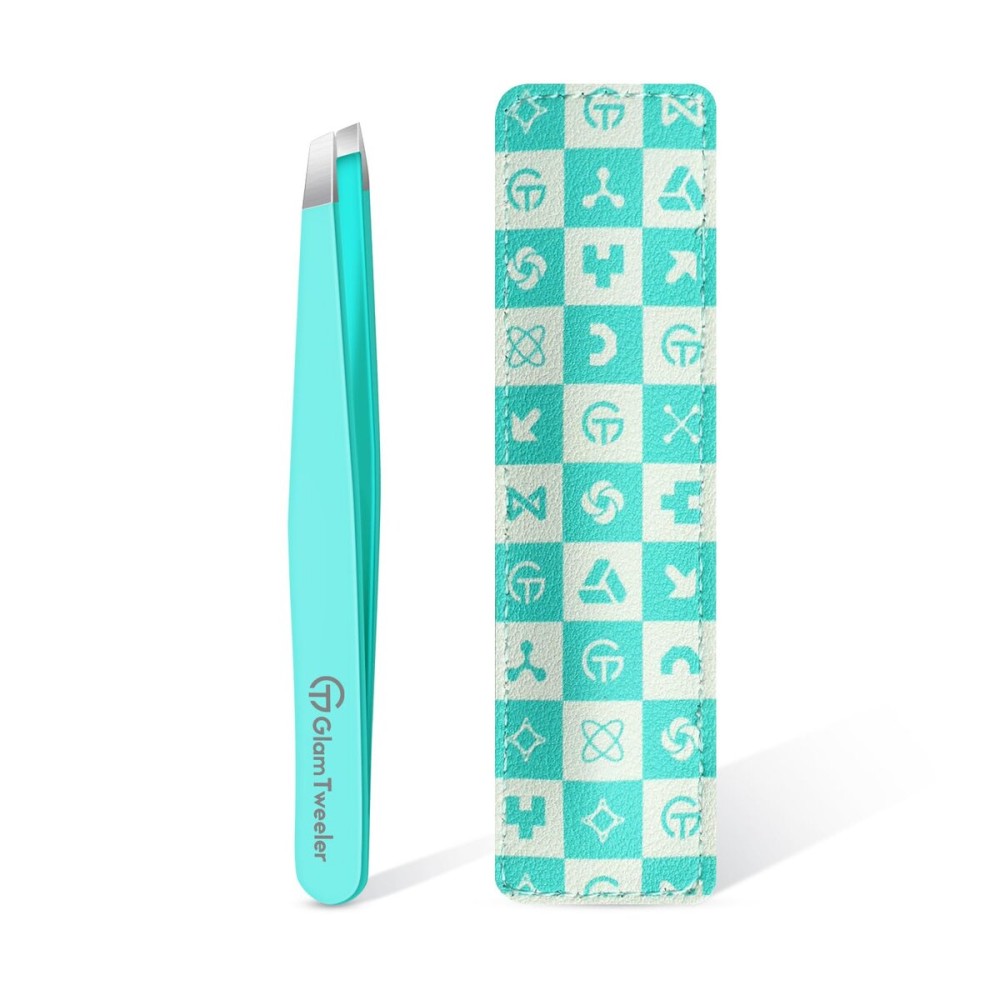 Expert Eyebrow Hair Removal Tweezer with Leather Case, GlamTweeler High Precision Slant Tip Stainless Steel Tweezers for Men and Women (Robin\'s Egg Blue)