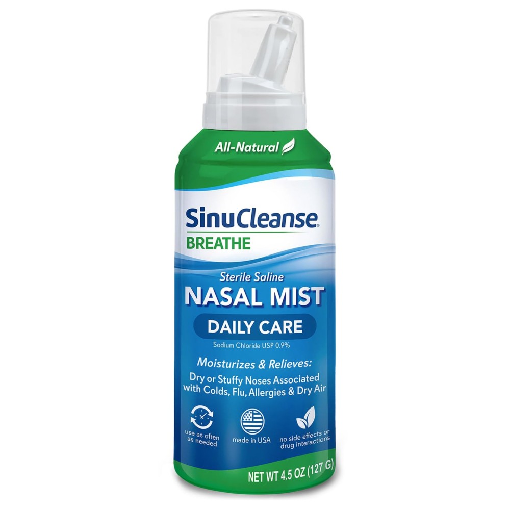 SinuCleanse Daily Care Sterile Saline Nasal Spray, Ultra Fine Mist, Instantly Moisturizes & Relieves Everyday Nasal Congestion Due to Colds & Dry Air, 4.5 Oz (1 Pack), Made in USA