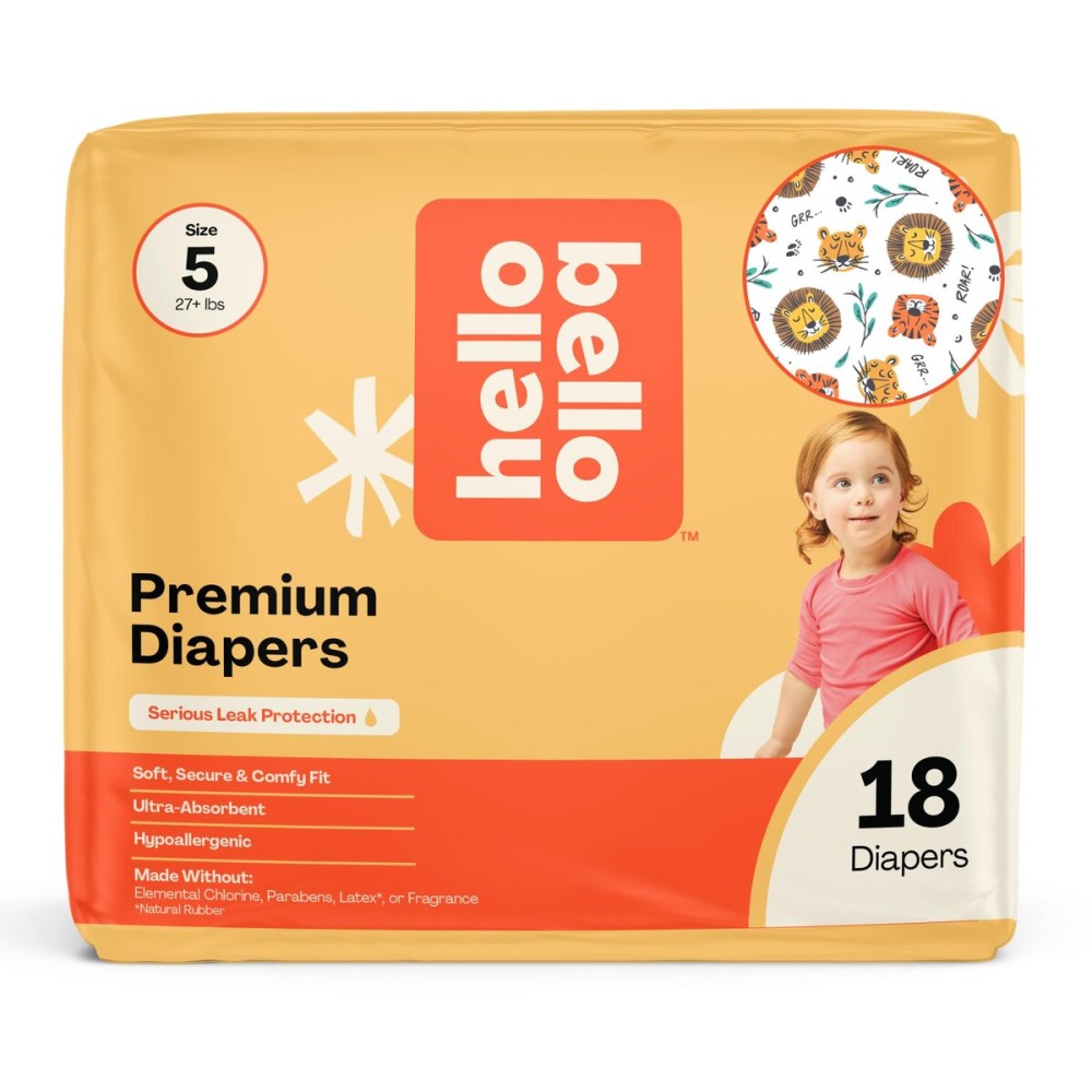 Hello Bello Diapers, Size 5 (27 lbs) Wild Cats, 18 Count of Premium Disposable Baby Diapers, Hypoallergenic with Soft, Cloth-Like Feel