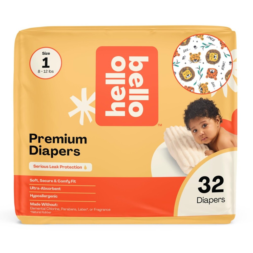 Hello Bello Diapers, Size 1 (8-12 lbs) Wild Cats, 32 Count of Premium Disposable Baby Diapers, Hypoallergenic with Soft, Cloth-Like Feel