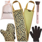 4 Pack Self Tanning Mitt Applicator Kit, with Self Tanner Mitt, Self Tan Back Applicator, Exfoliating Glove, Flat Top Face Tanner Brush, Tan mit for Self Sunless Tanner (leopard)
