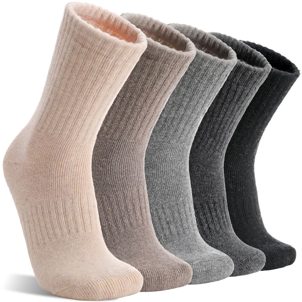 MOGGEI Womens Merino Wool Socks for Hiking Winter Warm Thick Thermal Crew Cozy Cabin Ladies Stocking Stuffers Gift Comfy Boot Work Socks 5 Pairs(Beige/Light Coffee/Grey/Dark Grey/Black(5 Pairs))