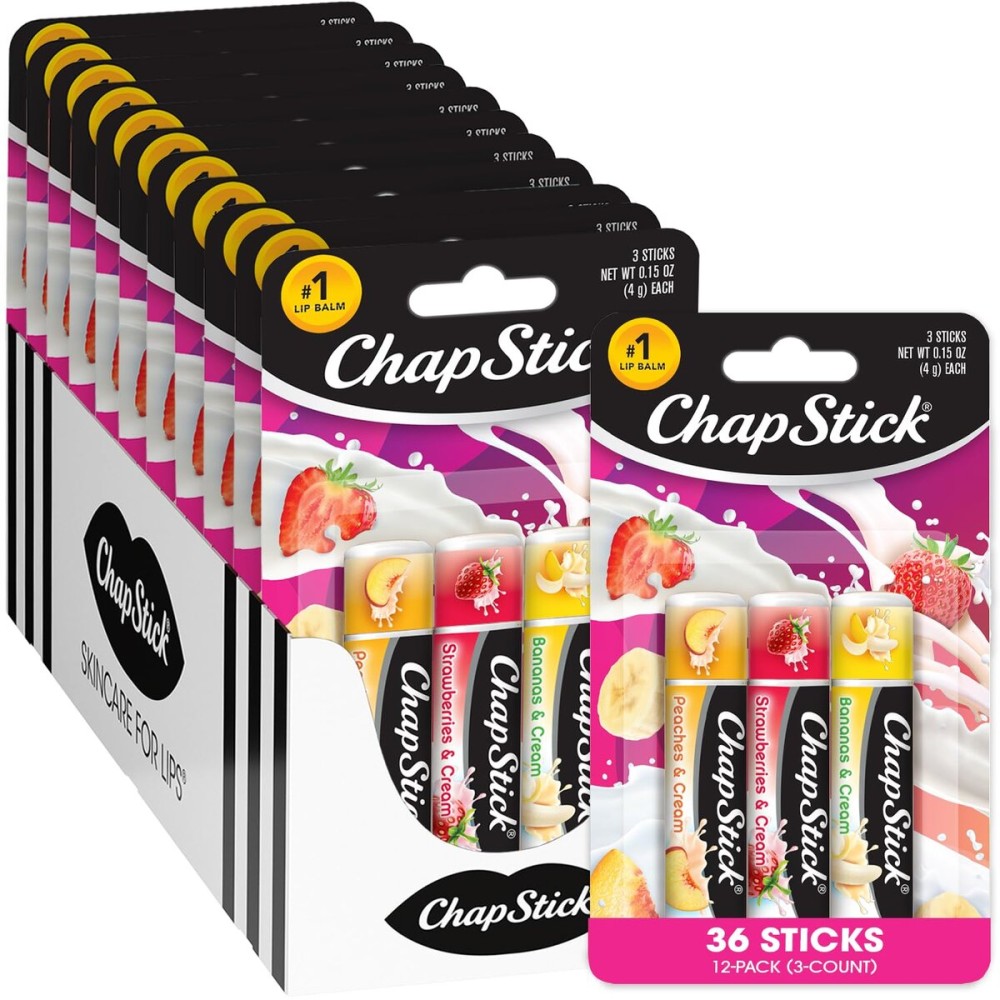 ChapStick Bulk Lip Balm, Fruit & Cream Collection, 3-Packs (12 Sets/36 Tubes) - Sweet & Delicious Lip Care, Birthday Gifts, Party Favors, Stocking Stuffers, 0.15 Oz Ea