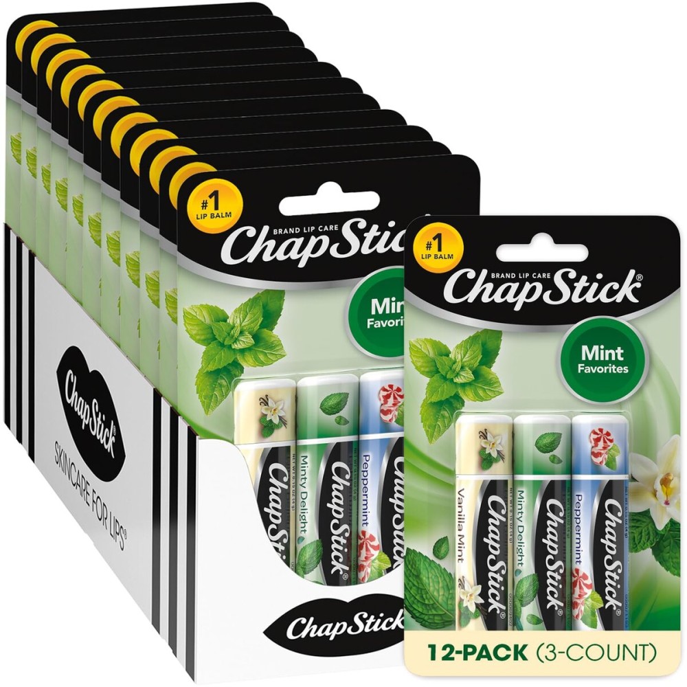 ChapStick Bulk Lip Balm, Mint Favorites, 3-Packs (12 Sets/36 Tubes) - Fresh & Invigorating Lip Care, Birthday Gifts, Party Favors, Stocking Stuffers, 0.15 Oz Ea