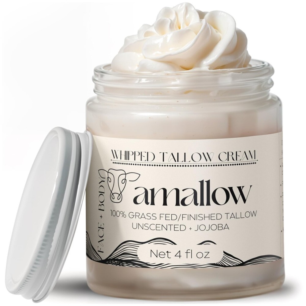 Amallow 100% Grass Fed Beef Tallow for Skin Care - Face + Body - Whipped Moisturizer for Sensitive Skin - Natural Lotion, 4 FL. oz. (Unscented + Jojoba Oil)