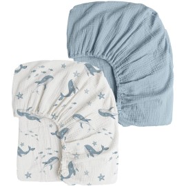 Konssy Muslin Crib Sheets 2 PCS, 100% Cotton Baby Crib Sheets for Standard Crib Mattress (28x 52), Soft and Breathable for Boys, Girls (Blue Whale,Blue)