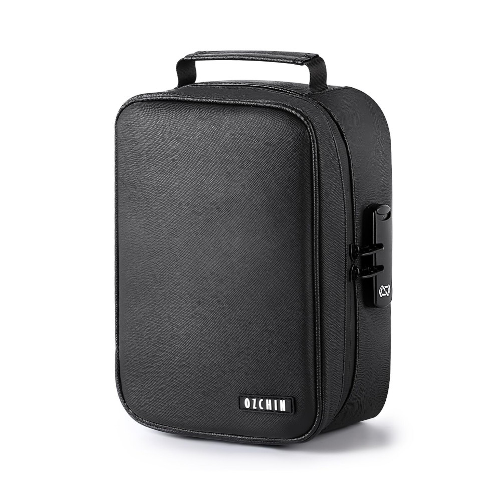 OZCHIN Smell Proof Bag with Combination Lock Tobacco Pipe Pouch Bag File Organizer Case Container Medicine Lock Box Odorless Storage Bag Great Gift for Friend (Black, L)