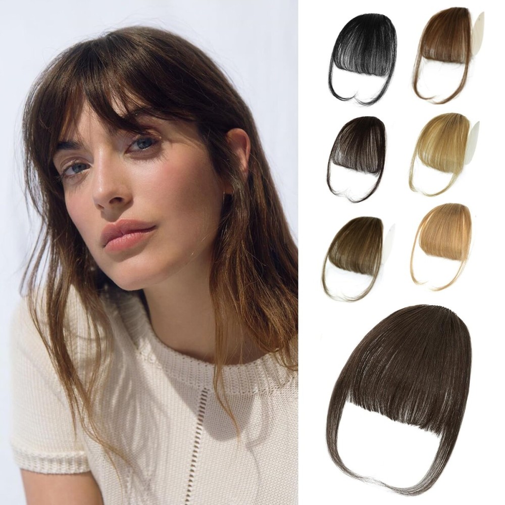 NAYOO Bangs Hair Clip- Darkest Brown Fake Bangs 100% Real Human Hair Extensions Wispy Bangs for Women Fringe with Temples Hairpieces Curved Bangs for Daily Wear (2 darkest brown, Wispy Bangs)