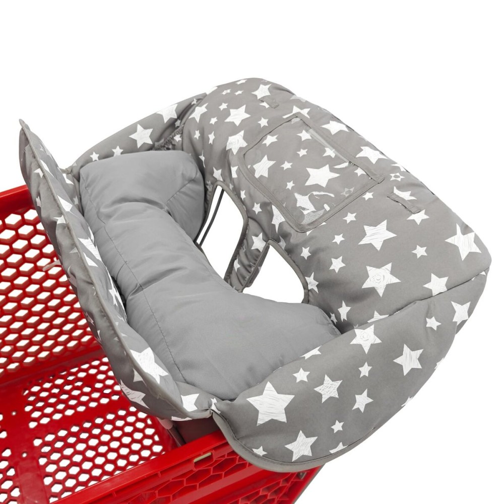 Soft Pillow Attached 2-in-1 Shopping Cart and High Chair Cover for Baby, Cotton Padded Cart Cover, Fold\'n Roll Style, Portable with Carry Bag (Gray Stars)